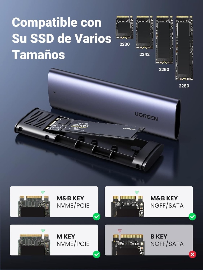 Carcasa Disco Duro NVME M.2 2TB 10 Gbps, USB C 3.2 Gen2 Adaptador para SATA SSD PCIE 2280/2230/ 2242/2260